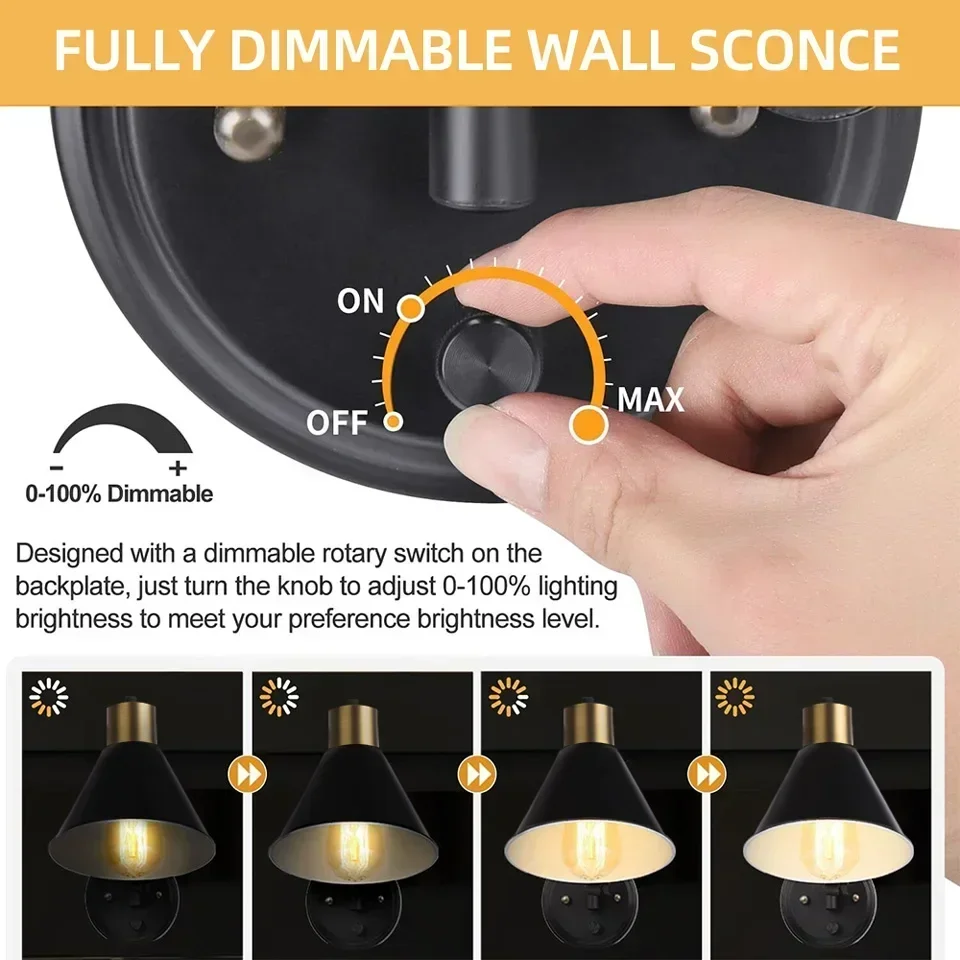 Aisilan Replaceable Bulb Wall Lamp Dimmable Plug-in Metal Adjustable Angle Wall Sconce With Switch for Bedside Hotel Study