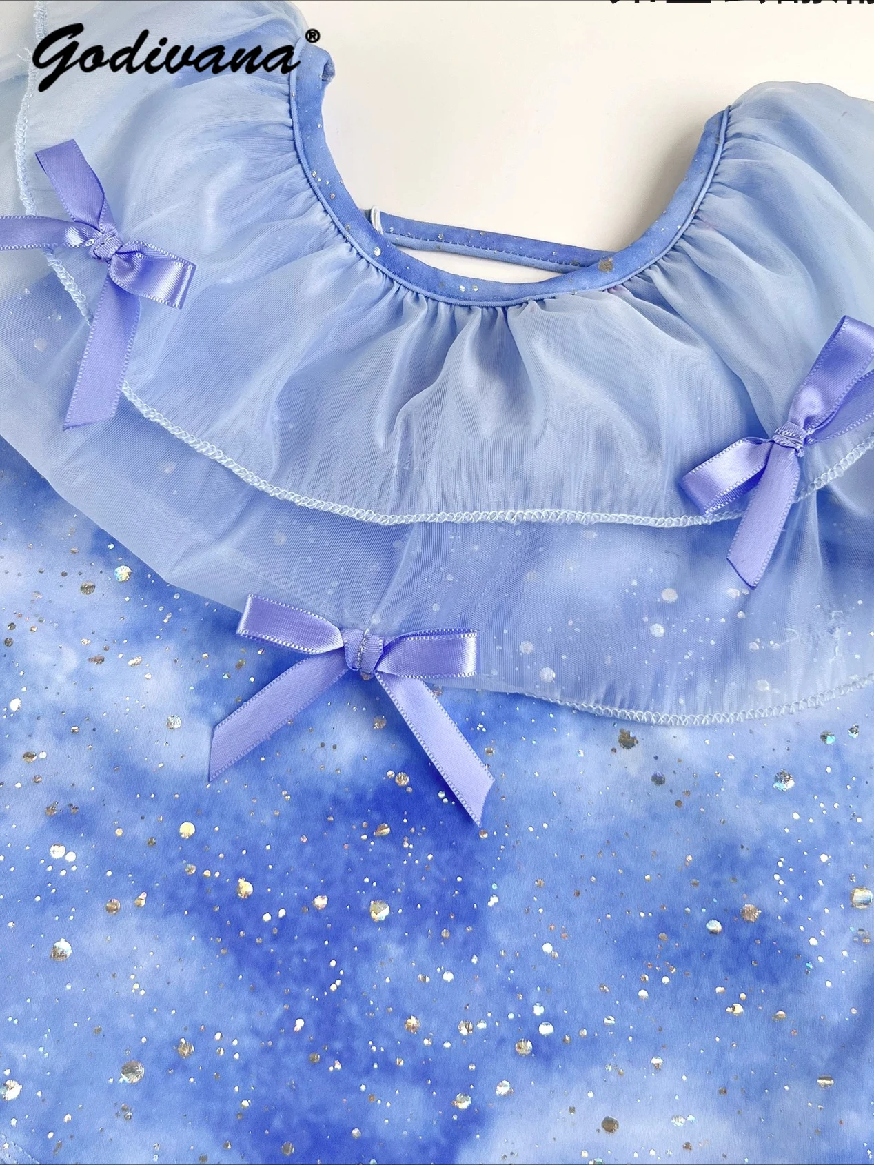 Cute Baby Girls One Piece Princess Swimsuit Kids Summer 2026 New Short Sleeve Blue Sequin Bow Lace Trim Sun Protection Swimwear