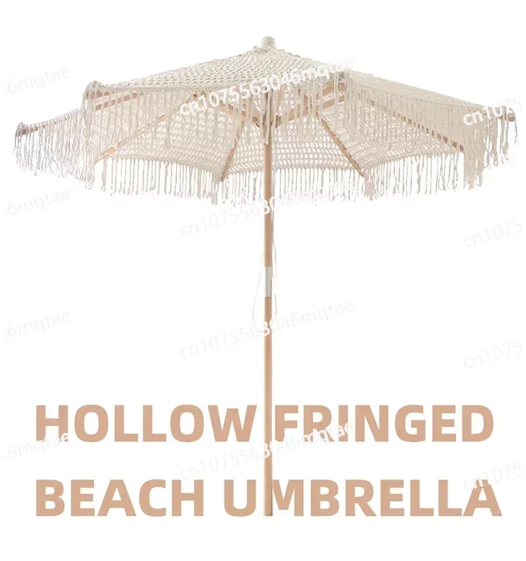 Bohemia Cotton Rope Parasols 2.5M Wooden Pole Handmade Tassels Woven Canopy Beach Umbrella with Macrame Fringe