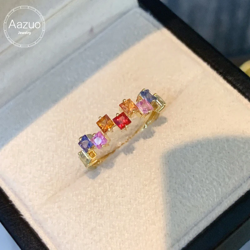 

Ювелирные изделия Aazuo, кольцо из настоящего желтого золота 18 карат с натуральными сапфирами в стиле OL, кольцо с радужными линиями, подарок для девочек и детей на день рождения, Au750