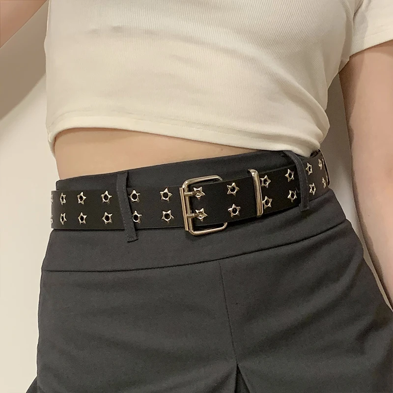 Double-Row Button PU Leather Belt Punk Style Decorative Women's Fashionable Vintage High-End No-Punching Waist Belt
