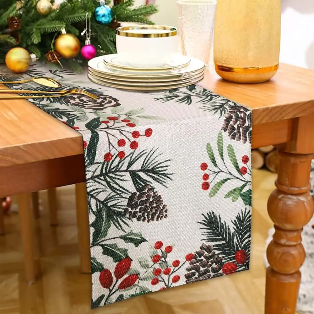 Christmas Needle Branch Holly Berry Linen Table Runner Party Decor Winter Xmas Kitchen Dining Table Runner Christmas Decorations