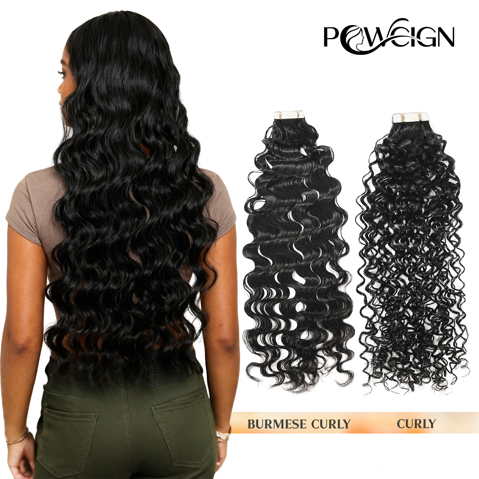 Powcign 20 шт. бирманская вьющаяся лента для наращивания волос, человеческие волосы, вьющаяся волна, 100% натуральные волосы, бесшовные, невидимые для женщин, 12-30 дюймов