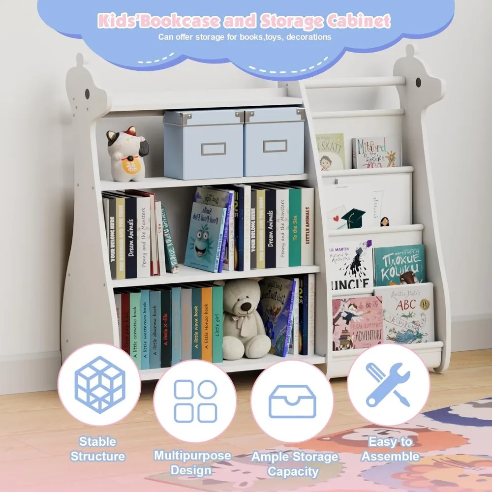 Rak buku anak 4 tingkat - penyimpanan gaya sling putih untuk buku dan mainan balita di ruang bermain