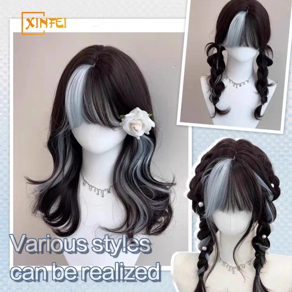 XINFEI Synthetic Short Wavy Black Blue Highlights Women Wig with Bangs Lolita Cosplay Fluffy Heat Resistant Wig for Daily Party