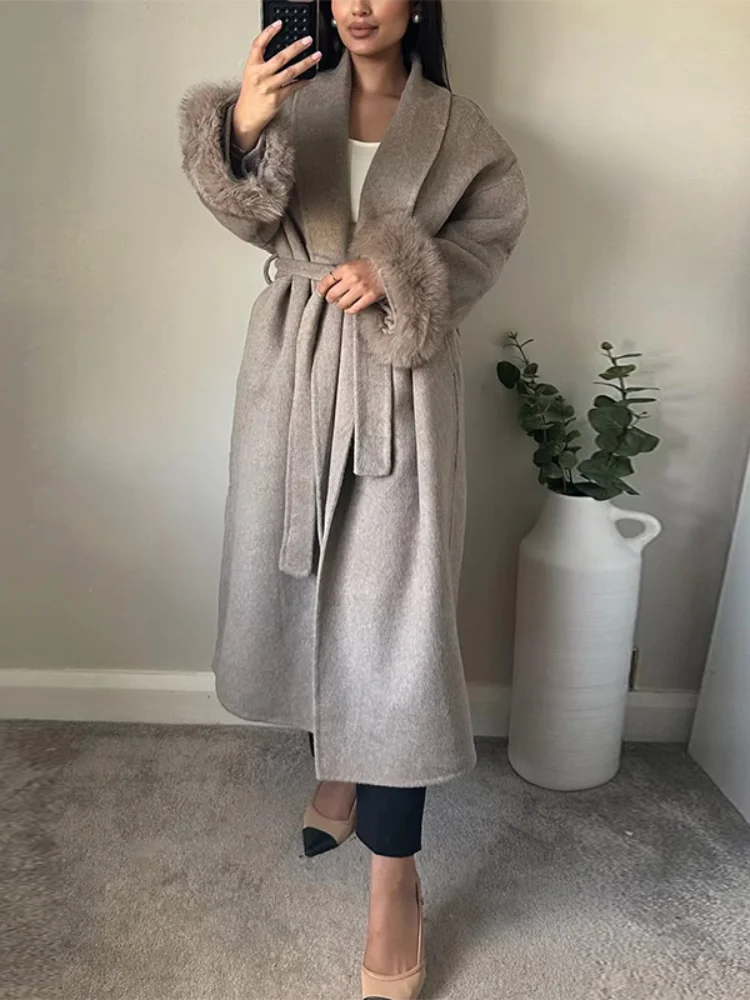 2025 frauen Winter Lange Spitze Up Mäntel Straße Büro Dame Chic Oberbekleidung Mode Patchwork Faux Pelz Hülse Woolen Jacke Mit Gürtel