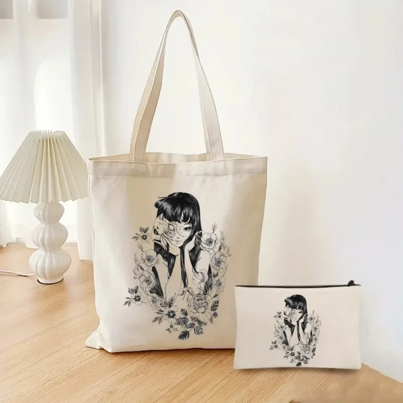

2 шт./компл. Junji Ito аниме женская сумка косметичка Tomie парусиновая сумка через плечо эко большая вместительная модная сумка для покупок кошелек