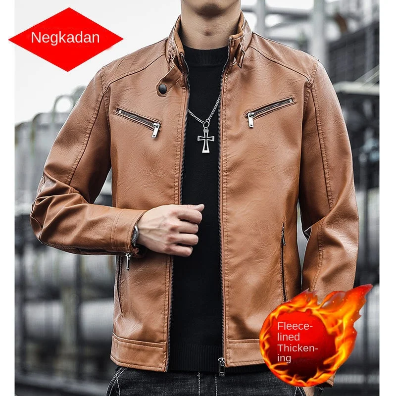 Nig Cardin Men's Stand-up Collar Leather Jacket Trendy Handsome Short 2024 Spring New Leather Jacket Motorcycle Men's Clothing