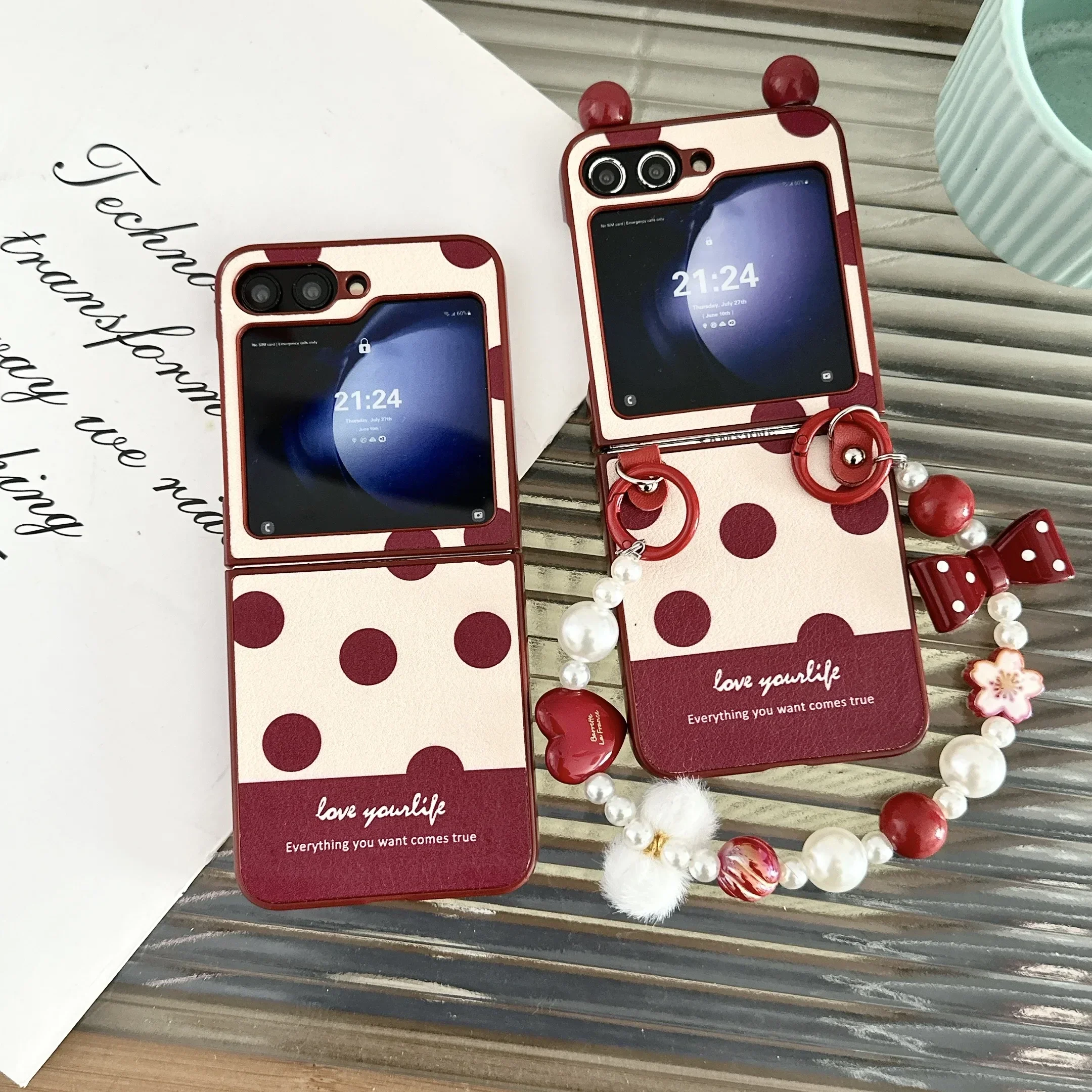 

For Samsung Galaxy ZFLIP7 ZFLIP6 ZFLIP5 ZFLIP3 ZFlip4 Case Crystal Red Point Bow Heart Fur Pearl Strap Wrist Leather Phone Cover