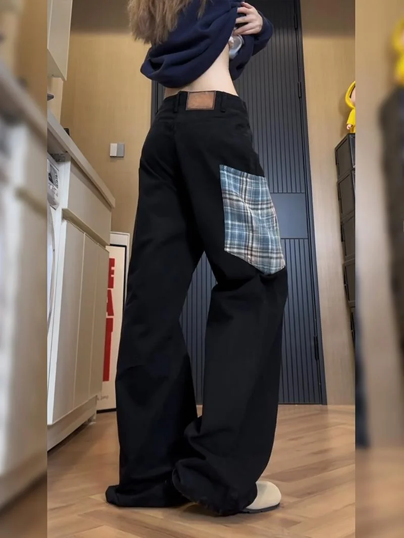 

Design Sensation Plaid Splicing Large Pocket Denim Jeans Women Summer New American Hot Girl Wide Leg Casual Floor-Length Pants