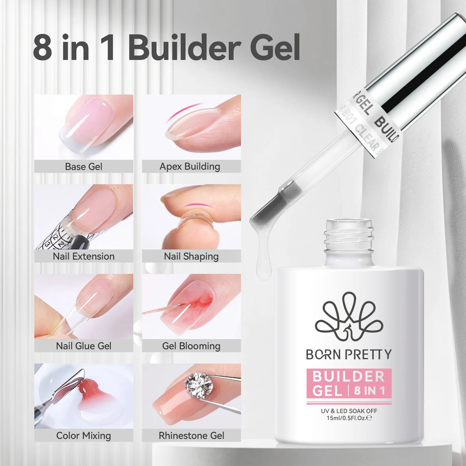 BORN PRETTY Nail Art Basic Functional Glue 8-in-1 Nail Pad Adhesive Primer Extension Construction Nail Polish Glue