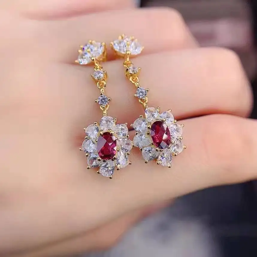 Foydjew Exquisite Inlaid Simulation Mozambique Ruby Earrings Plated Golden Long Drop Earring For Women Wedding Accessories