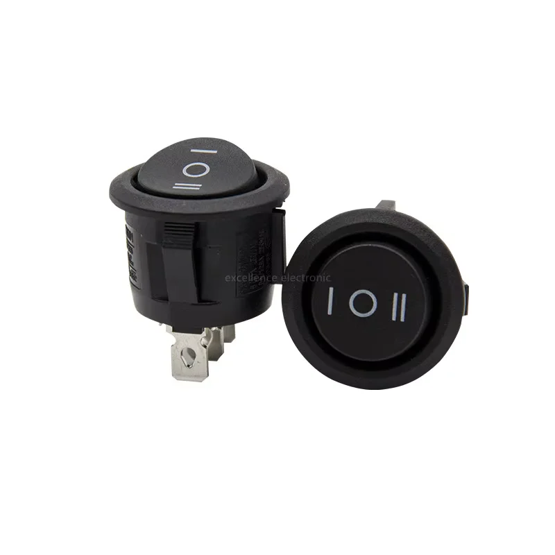 10Pcs 23mm Round Black 3 Pin 10A/125V 6A/250V AC 3 Position SPDT ON-OFF-ON Rocker Switch Snap-in