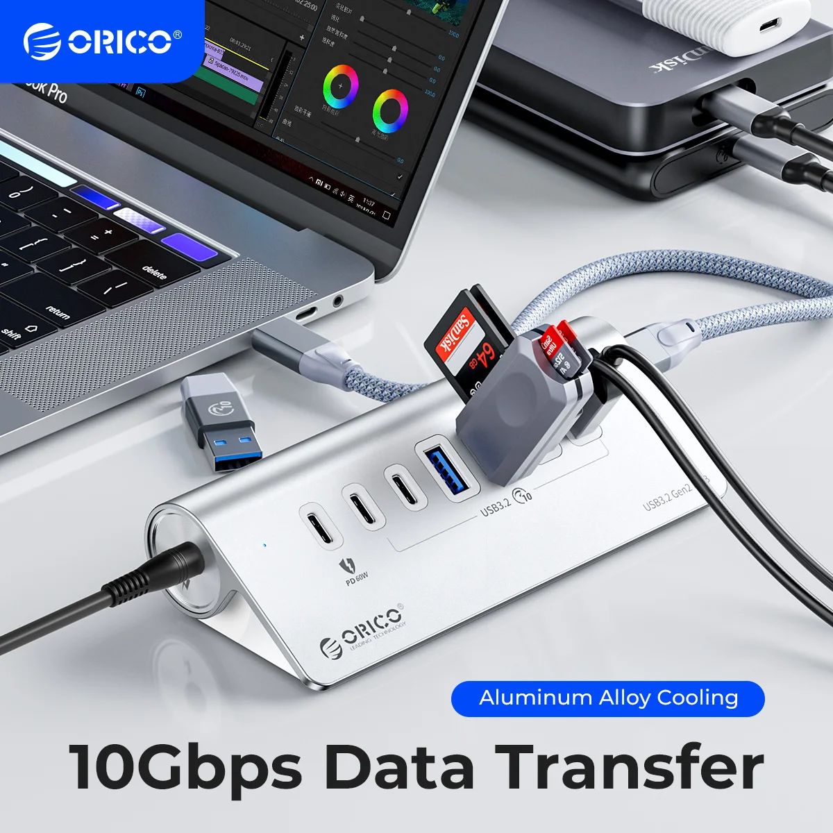 

ORICO 10Gbps USB 3.2 HUB Aluminum SuperSpeed Powered PD60W Charger Type C Splitter With Power Adapter for MacBook PC Accessories