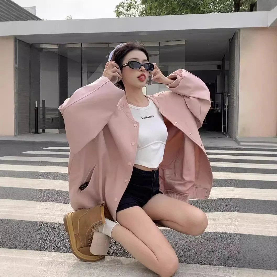 

Розовая бейсбольная куртка для женщин весной и осенью - Ins American Vintage Style Student Korean Style Loose Small Size Harbor St