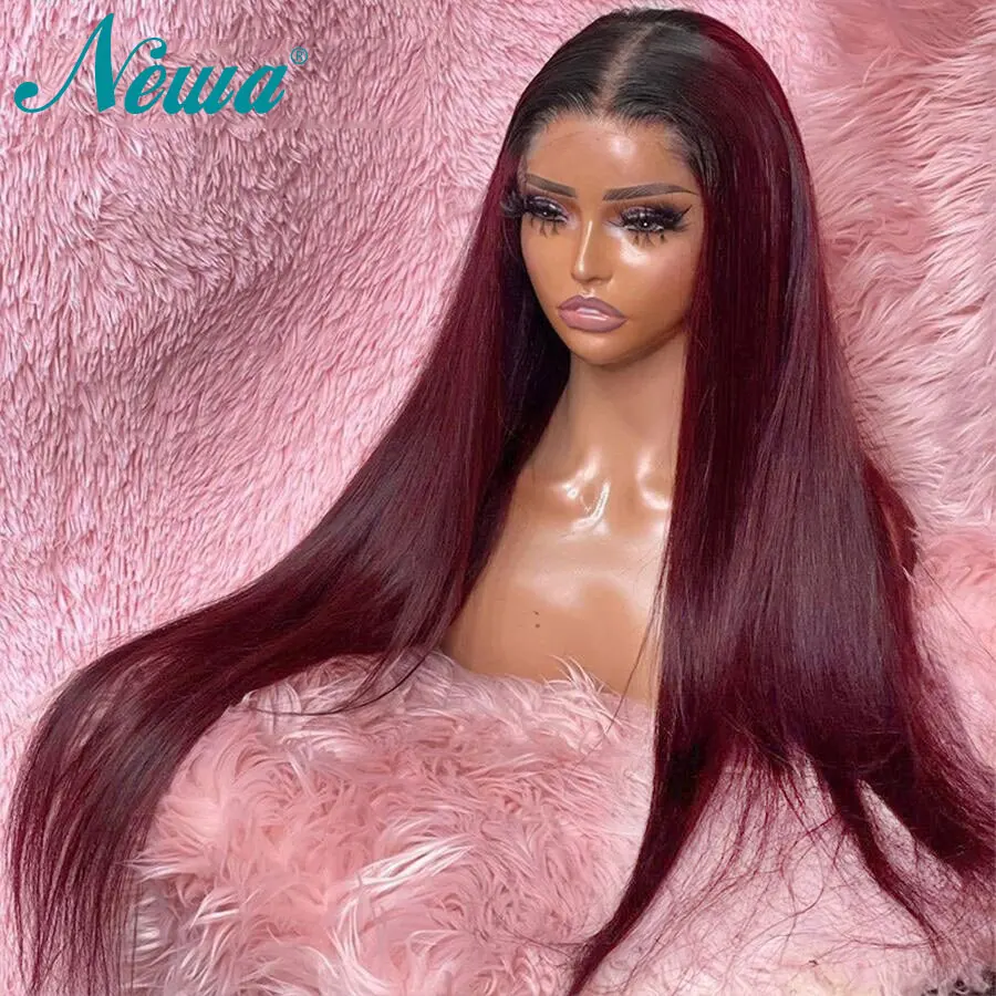 Newa Hair 13x6 Real HD Lace Frontal Wig Ombre 99J Straight Human Hair Wigs Glueless Pre Plucked HD Lace Closure Wig Ready Go Wig