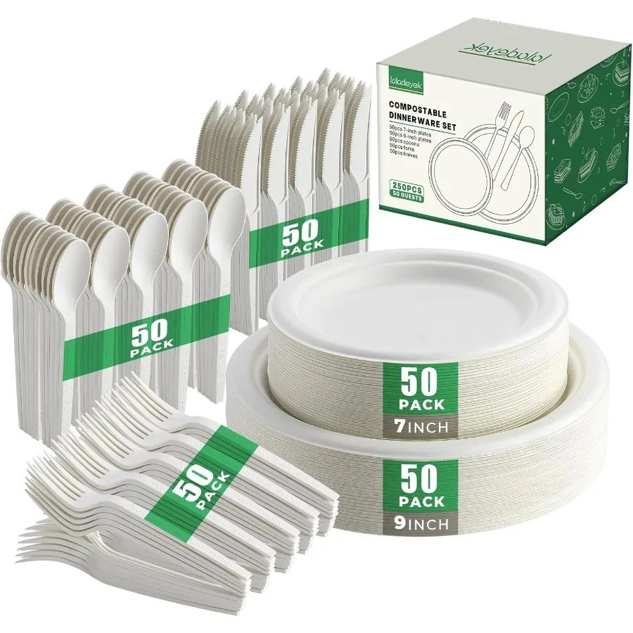 

250 Pcs Biodegradable Paper Plates Set Disposable Dinnerware Set Eco Friendly Compostable with Extra Long Utensils Including Fo