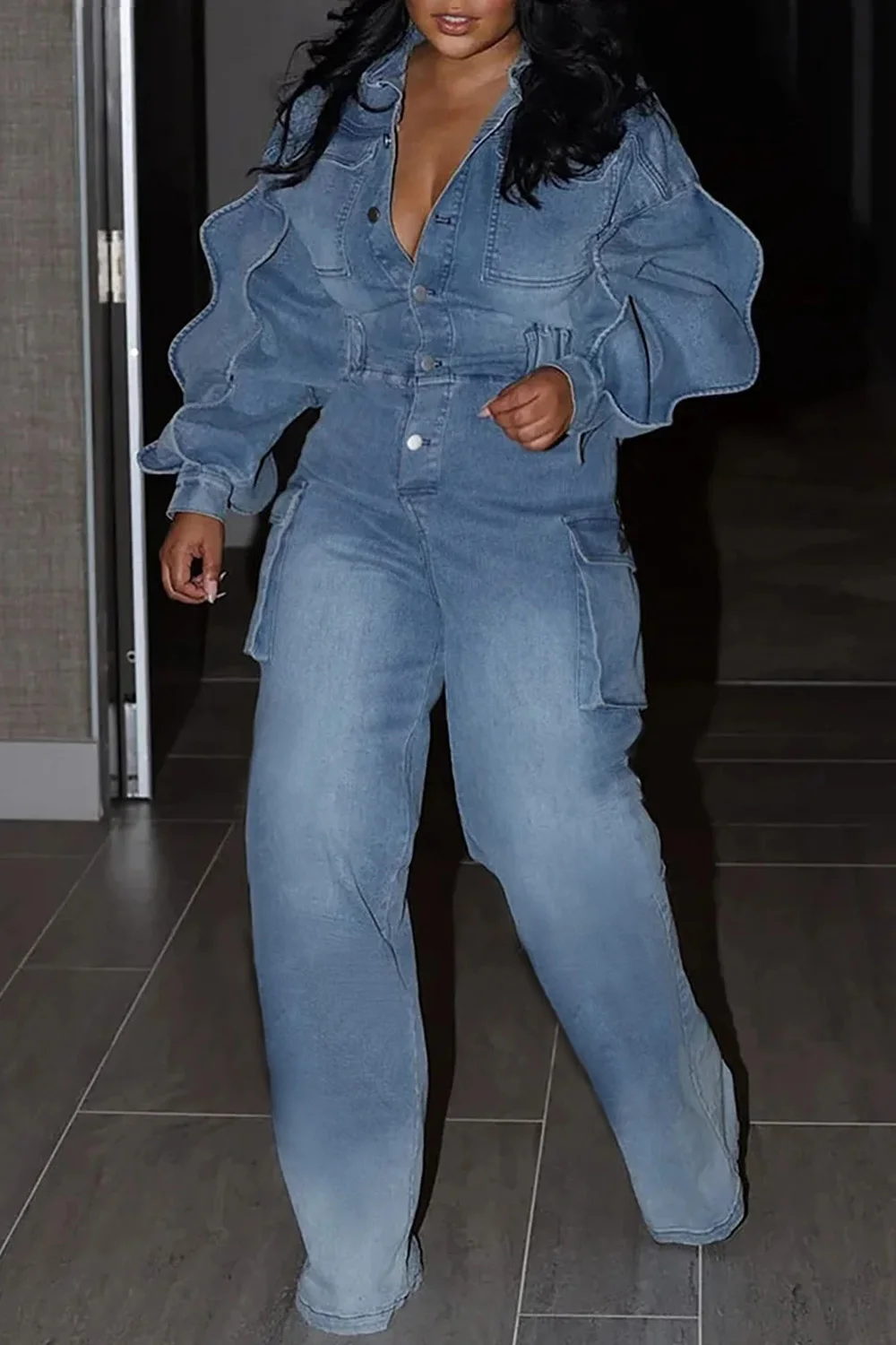 Dames Denim Cargo Jumpsuit Poff Mouw Rits Lantaarn Mouw Jeans Harajuku Plus Size Casual Zakken Rompertjes Overall Outfit