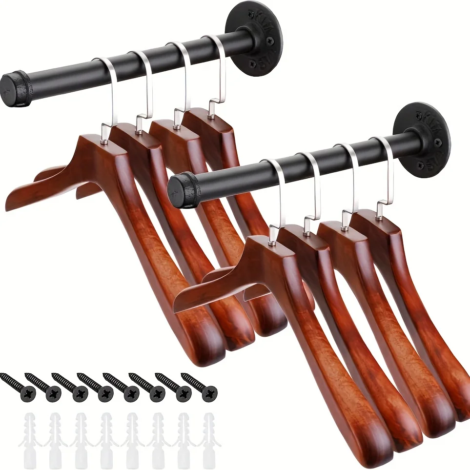 

2Pcs Rustic Industrial Pipe Clothes Bars Heavy Duty Metal Coat Hangers with Screws Wall-Mounted Garment Rack for Bedroom