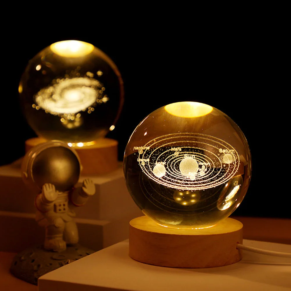 Luces nocturnas de bola de cristal que brillan, planetas solares, astronautas, lámpara de mesa de Luna 3D, lámpara de atmósfera USB, Decoración de mesa, regalo