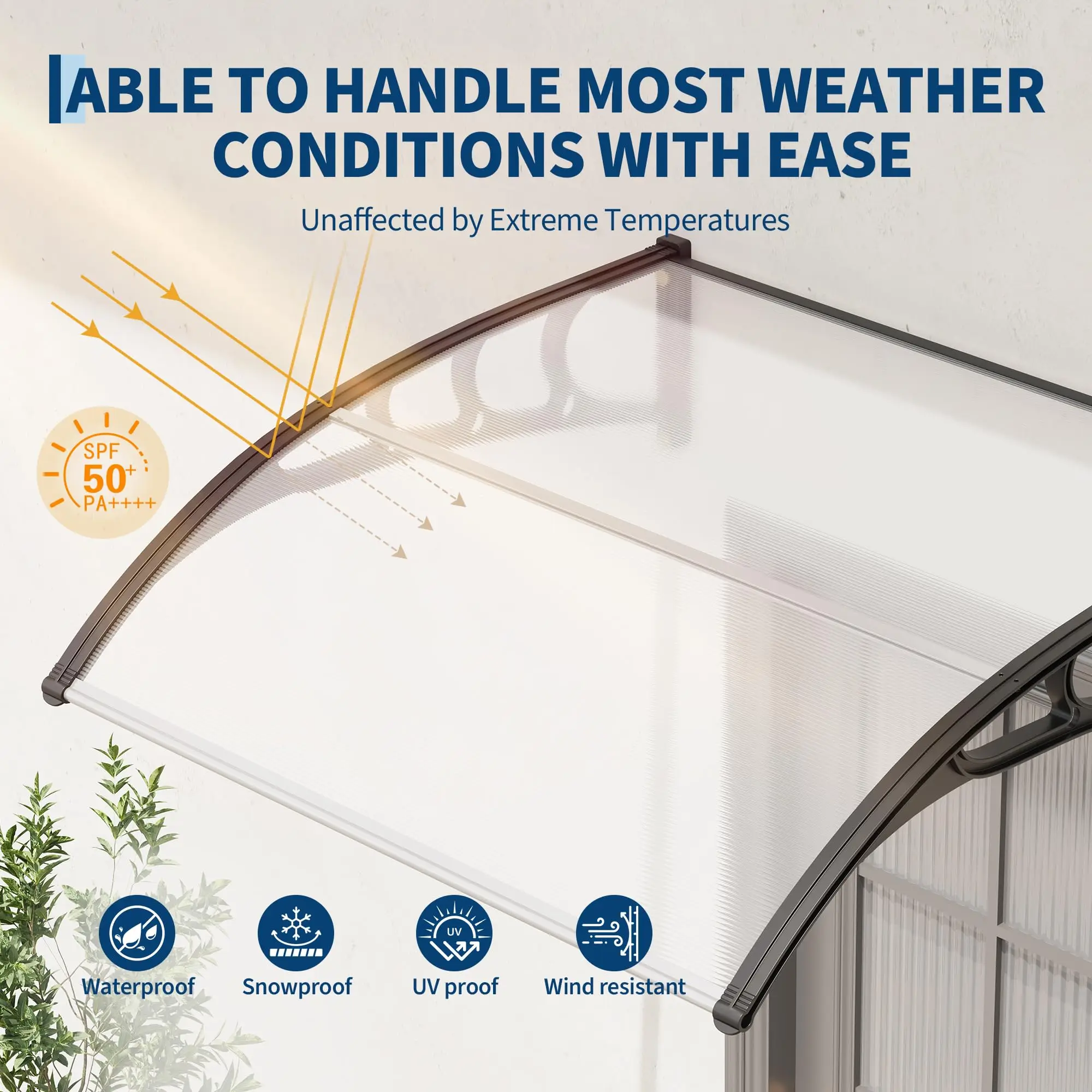 40''x40'' Door Window Awning Canopy, Polycarbonate Outdoor Rain Sun UV Protection Cover with Plastic Steel Bracket