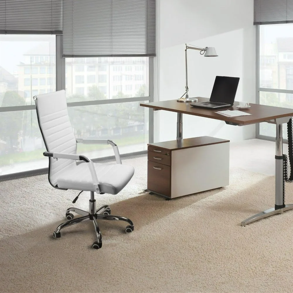 Office Desk Chair Mid-Back PU Leather Executive Conference Task Chair Adjustable Swivel Chair with Arms (White)