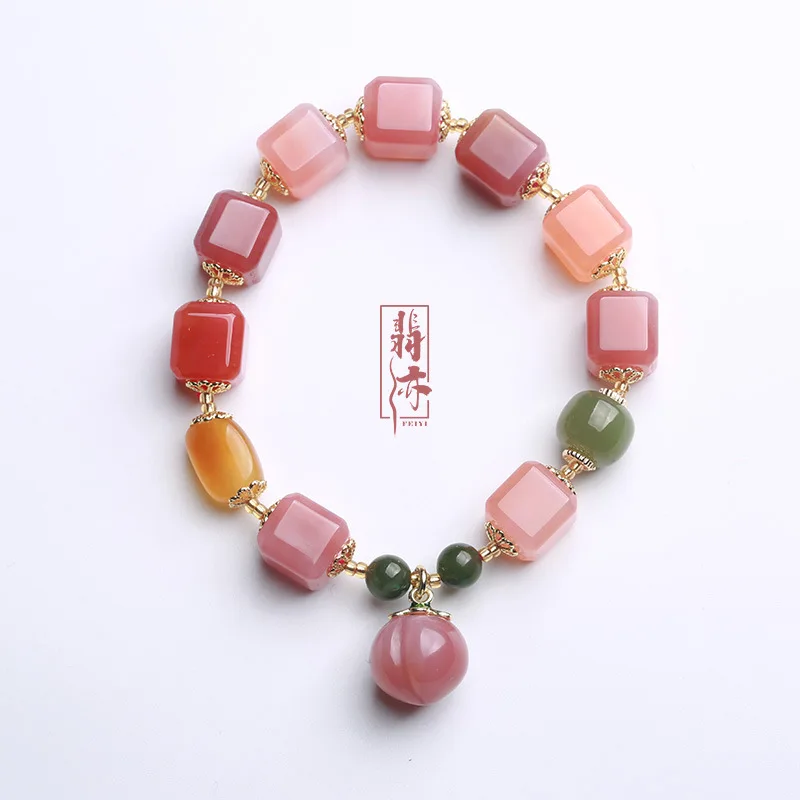 

Natural Yanyuan Agate Square Bracelet with Peach Pendant, Jasper Barrels & Amber Candy Multi-Gem Bracelet for Women Gifts