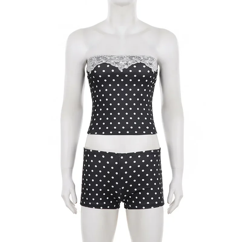 Women Sexy Lace Patchwork Leopard Print 2 Piece Set Strapless Tank Crop Tops + Shorts Casual Streetwear Matching Suits Clubwear