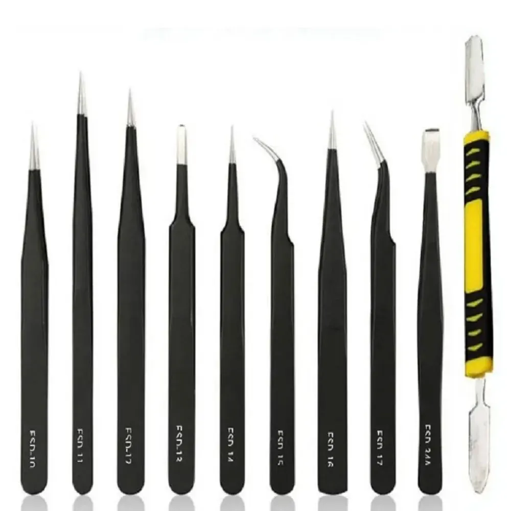 10pcs Stainless Steel Precision Antistatic Tweezers Set Repair Tools Professional Electronic Tweezers