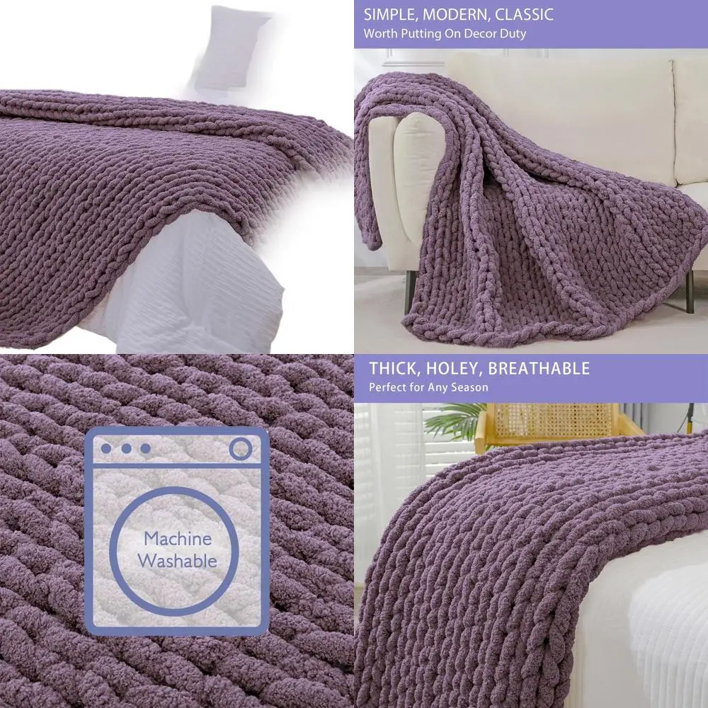 

Handcrafted 40x80 Jumbo Chenille Cable Knit Throw, Plush & Soft for Sofa, Winter Grape