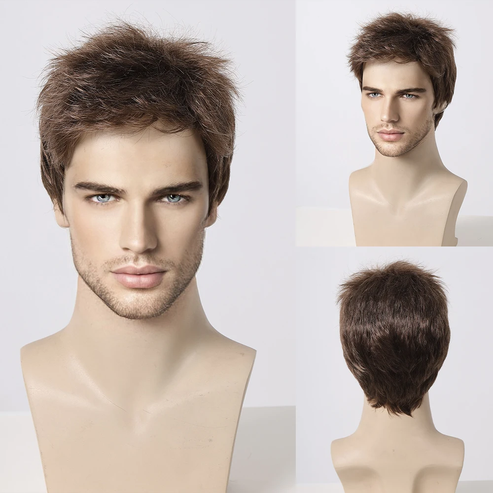 Dark Brown Men\'s Synthetic Wig Short Bob Pixie Cut Natural Fluffy Hair Brown Layered Wigs Low Temperature Fiber for Male Daily