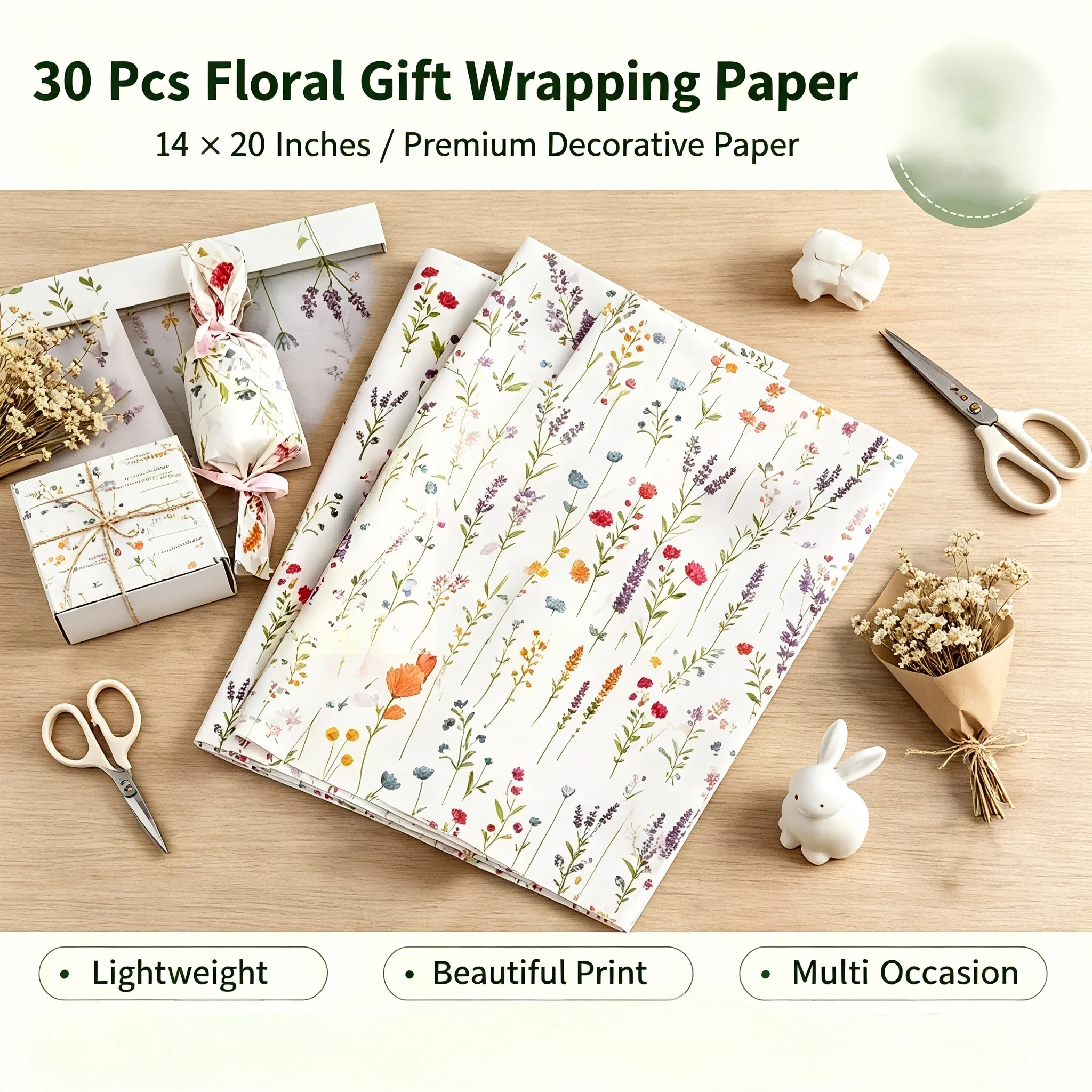 Vintage Lavender Floral Wrapping Paper, 30 Sheets 14x20 Inch Wildflower Decorative Wrap Paper, Aesthetic Packaging Paper for Birthday Wedding Holiday Presents, DIY Flower Bouquet Wrapping Supplies