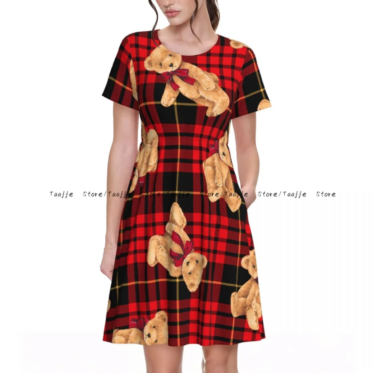 Women Casual Elegant Dress Funny Bear On Plaid Short Sleeves Loose Dresses Weekend Holiday