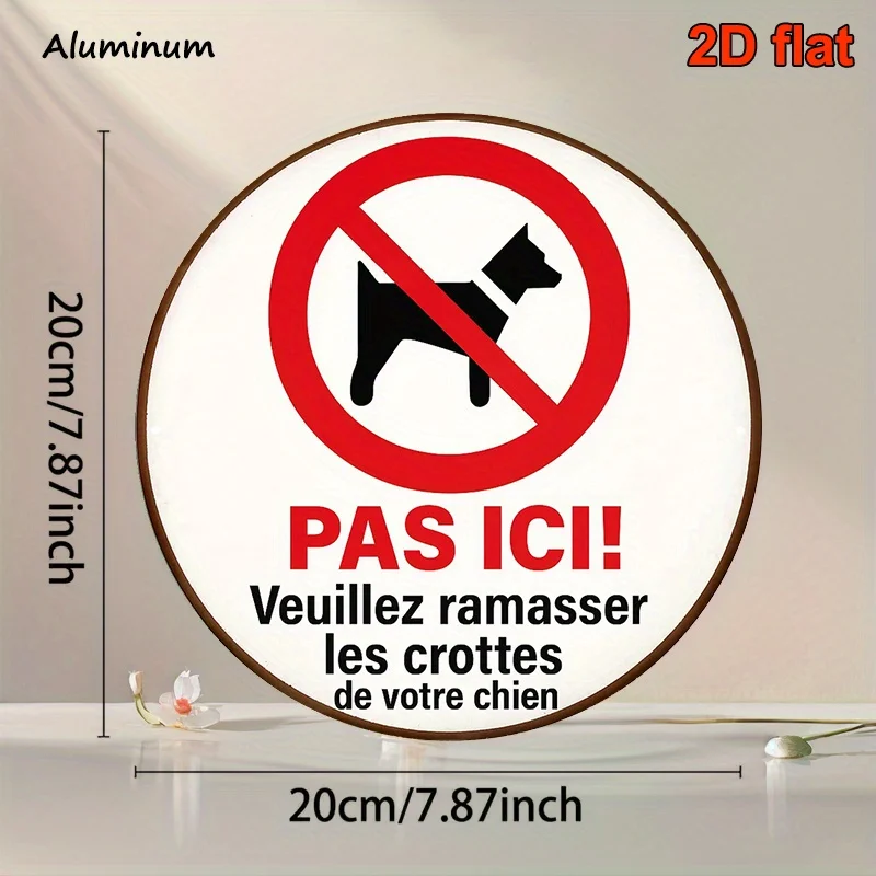 A Vintage Decorative Sign in French, an 8.0X8.0 inch Round Aluminum Plaque Stating 'No Dog Walking', Pet-Friendly Sign, Please C