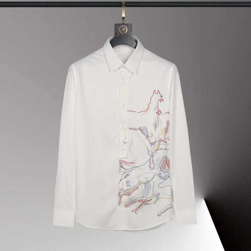 Men's new long sleeved non ironing shirt with fashionable fit positioning, printed horse trendy plus size shirt