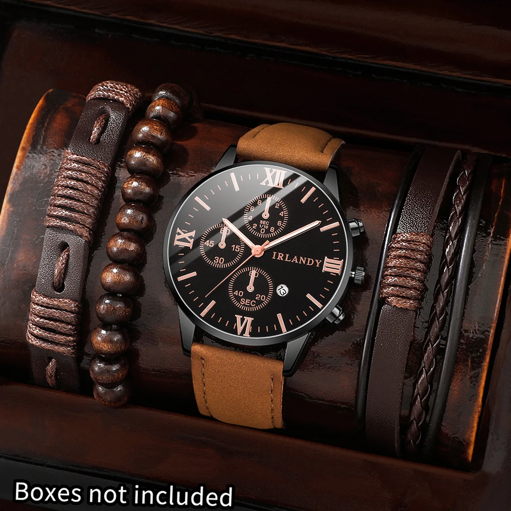 4PCS Simple and Fashionable Men's Watch Fashion Leather Strap Simulated Quartz Watch with Braided Bracelet Jewelry Set