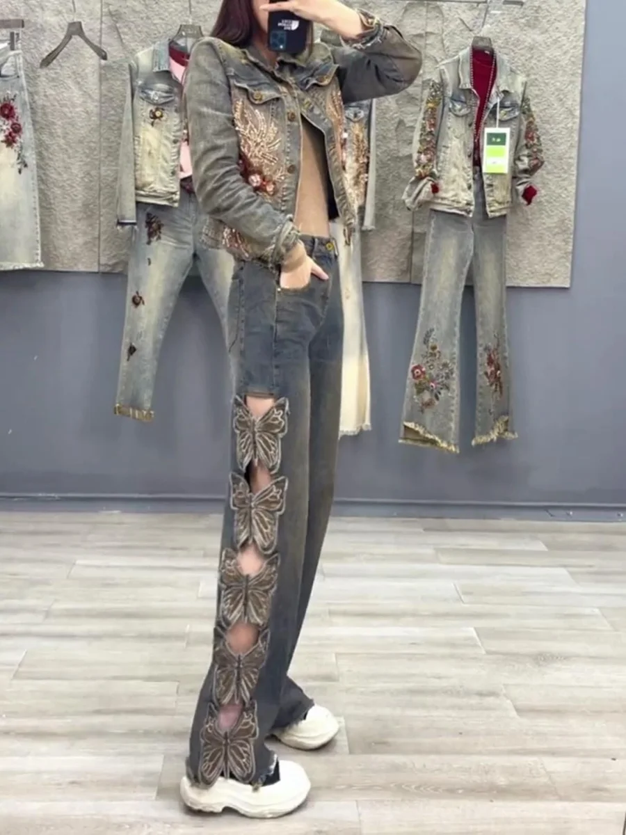 

Fall 2024 Women's Heavy Embroidery Hollow out Denim Jeans High Waist Straight Leg Long Pants Slimming Trendy Floor Length