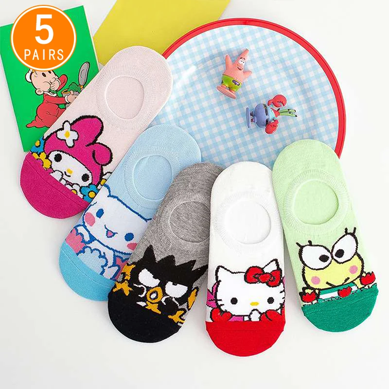 Sanrio High Quality 5 Pair Comfortable Soft and Breathable Women\'s Cartoon Cute Short Socks Gift Socks