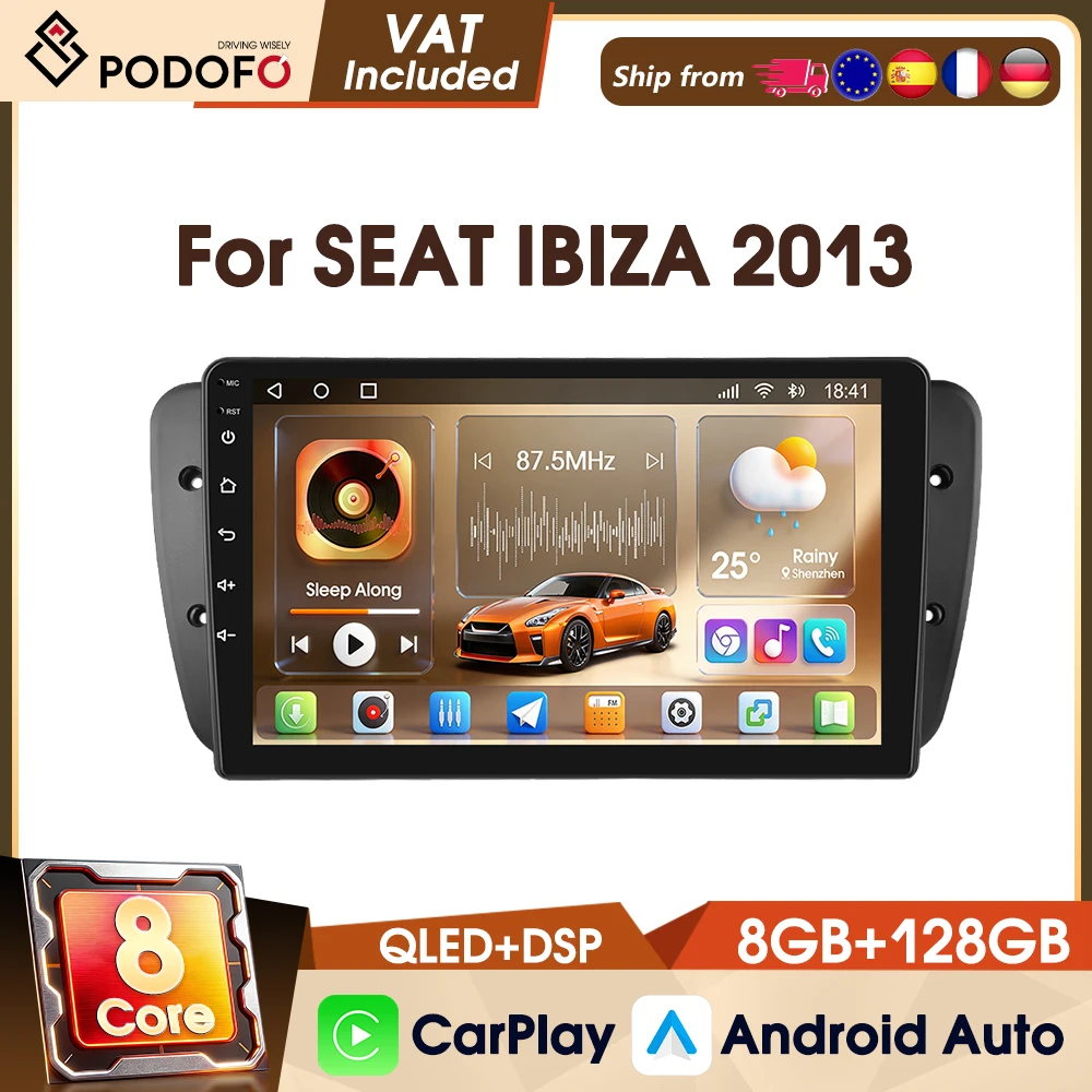 Podofo, autoradio stereo 4G da 9 pollici per SEAT IBIZA 2013, con schermo IPS, AM/FM, RDS, DAB, WIFI, GPS, processore a 8 core, 8+128 GB di memoria, lettore multimediale per auto.