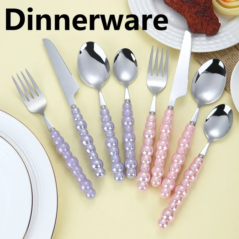 4 ピース/セット高級食器ステンレス鋼のスプーンとフォークセラミックパールハンドル西洋シルバーカトラリー高見え食器