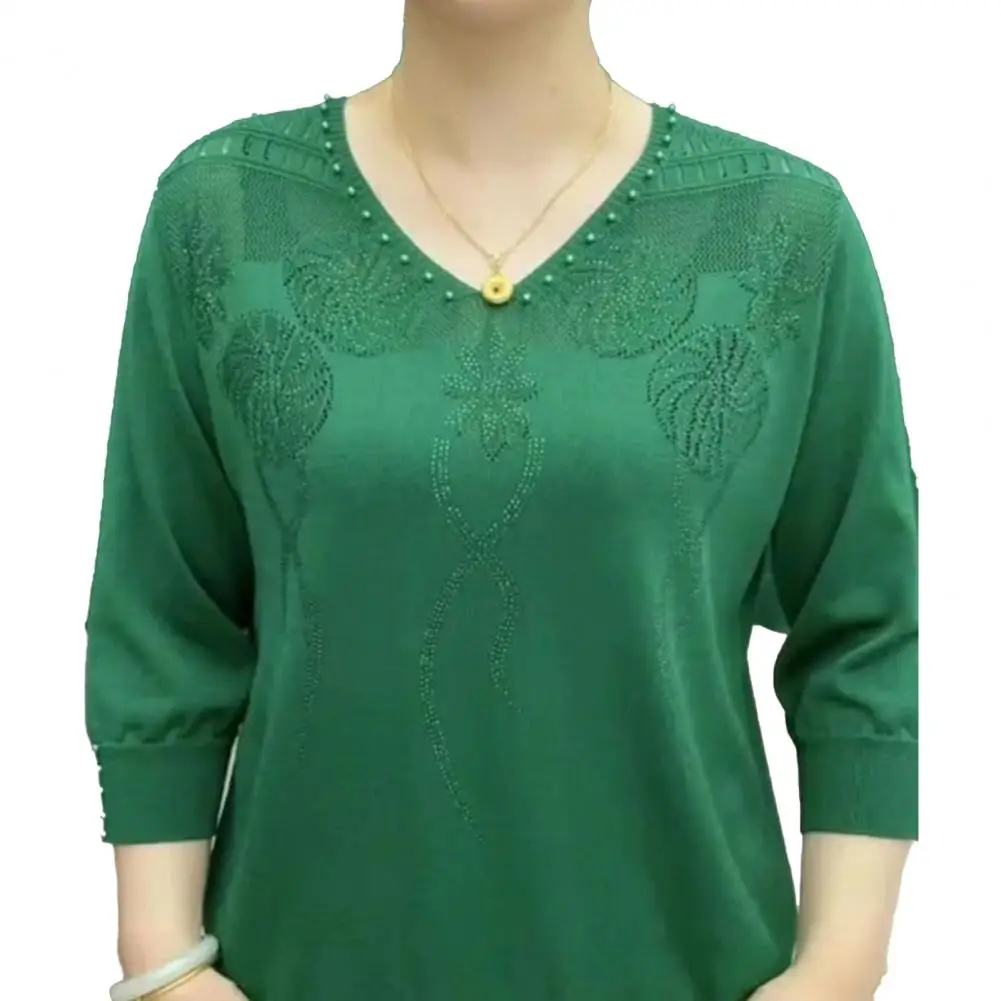 Pull en tricot floral à col en V pour femme, chemisier élégant pour femme d'âge moyen, poignets élastiques, doux pour trois