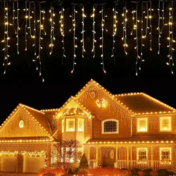 Weihnachtsdekorationen 2024 Girlande LED Eiszapfen Vorhanglichter 5M * 0,5 / 0,6 / 0,7M EU-Stecker 8 Beleuchtungsmodus Eingangsspannung 220V Rosa Lichterketten Silvester 2025 Für Hochzeit / Weihnachten / Zimmer / Innen