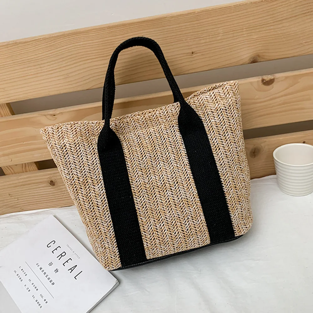 Basket Style Tote Bags Straw Bag With Leather Handles Beach Tote Bags For Women Rattan Basket Handbags Straw Woven Summer Bags