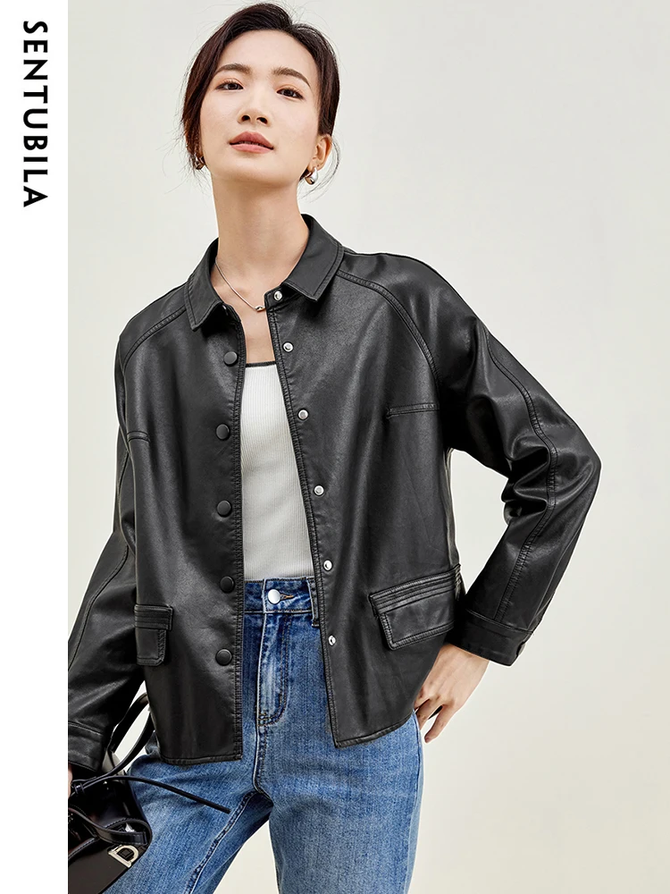 

SENTUBILA Black Faux Leather Jacket Women Shacket 2024 Autumn Winter Outerwear Pu Leather Button Up Shirt Jacket Coat W33G49948