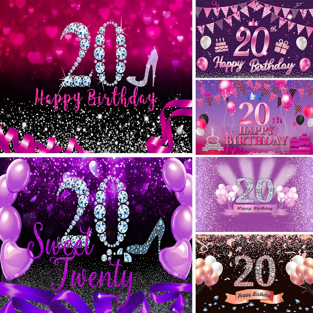 Glow Neon Happy 20th Birthday Backdrop Banner Black Colorful Glowing 20 Years Old Birthday Party Theme Decorations Boys Girls