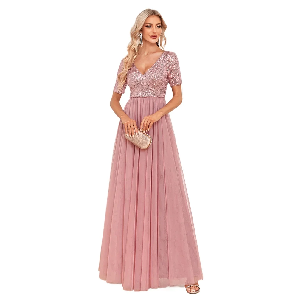 

Elegant Short Sleeves Sequined V-neck Long Bridesmaid Party Prom Dress Dusty Rose