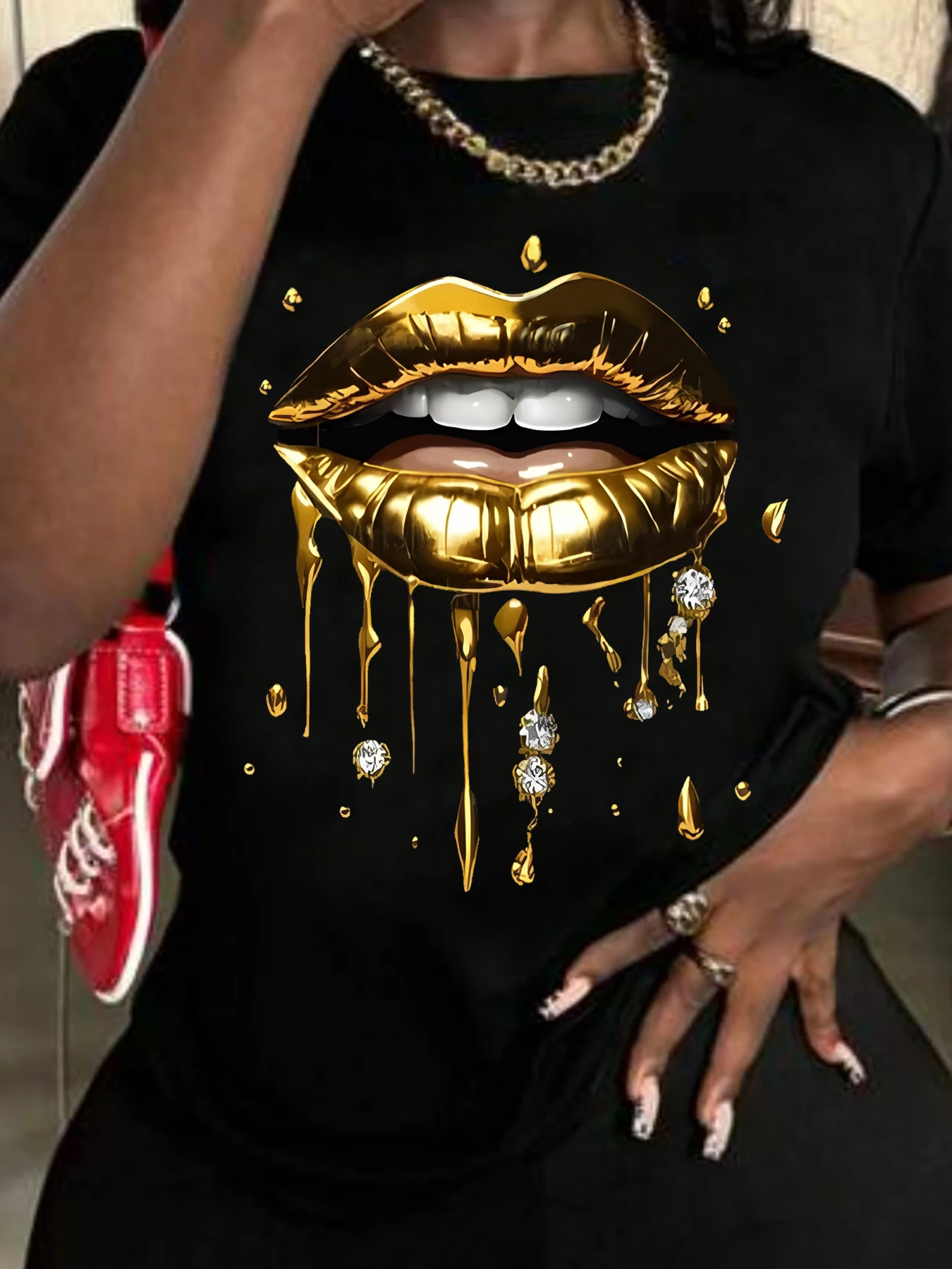 Golden Lips Pattern Print T-Shirt Mode Top Damen Sommer Damen T-Shirt