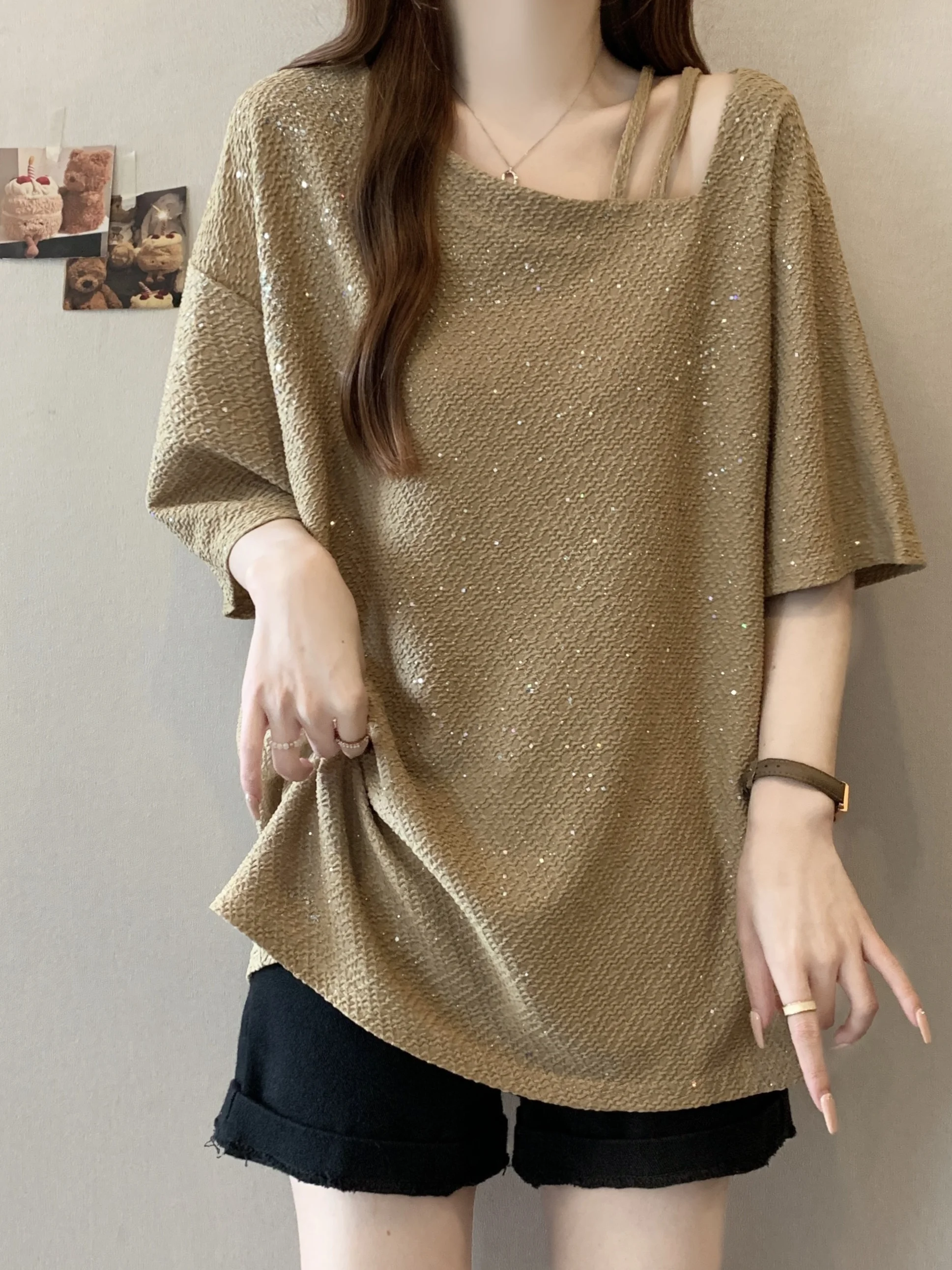 

Women's Summer Short Sleeve T-Shirt Mid-Length Glitter Base Shirt Design Sense Oblique Collar plus Size Korean Style Top