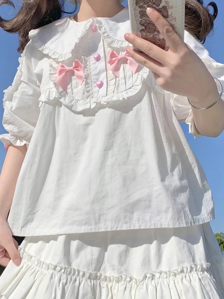 KIMOKOKM-Pulôver Japonês Doce, Collar Peter Pan, Orelha de Urso Ruffled, Manga Puff Kawaii, Blusas Feminina Lolita Básica