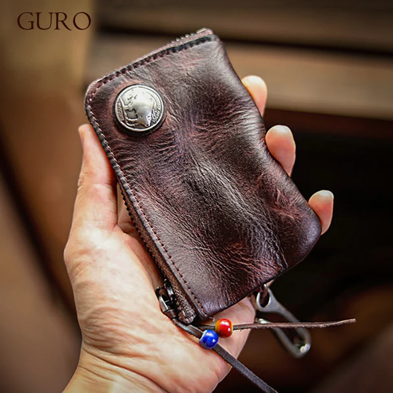 GURO High Quality Genuine Leather Home Car Key Bag Retro Men Handmade Top Cowhide Coin Purse Women Zipper Mini Wallet Card Holde